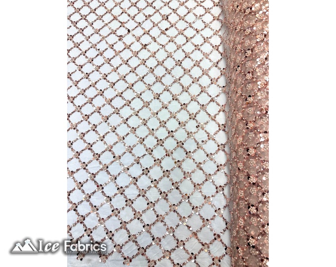 Blush Geometric Embroidery Sequin Beaded Fabric  By The Yard | Handmade Embroidered Lace Sequin Fabric on Mesh Fabric