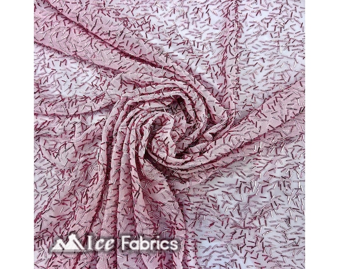 Pink 4-Way Stretch Embroidered Lace Beaded Fabric | Power Mesh by the Yard | Dangle Beaded Fabric