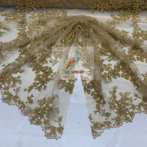 FLORAL Lace Embroidered Fabric_Gold Bridal Beaded Mesh Lace Fabric By The Yard//Flowers Fabric With Beads And Diamond For Prom Dress