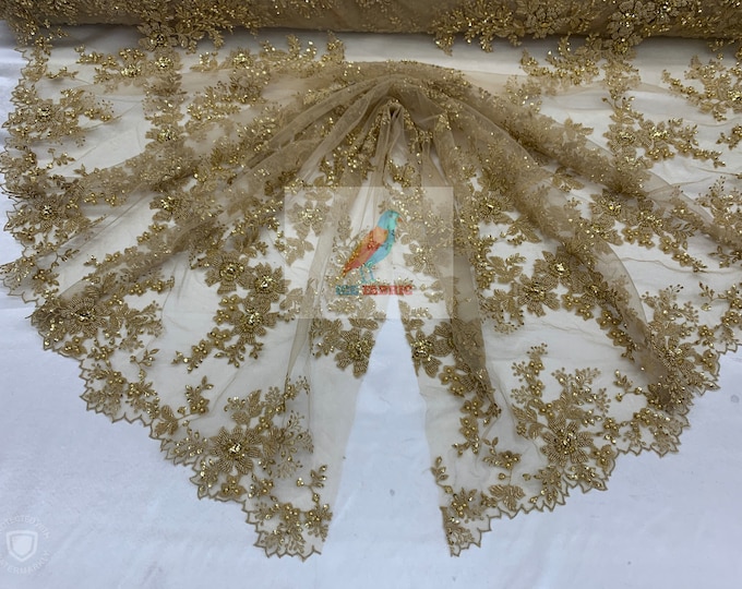 FLORAL Lace Embroidered Fabric_Gold Bridal Beaded Mesh Lace Fabric By The Yard//Flowers Fabric With Beads And Diamond For Prom Dress