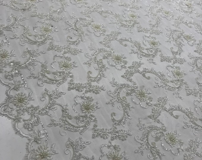 White Design Beaded Mesh Lace Fabric Bridal Wedding Sold By Yard clothing, jackets, dresses,skirts, applications, table covers, runners