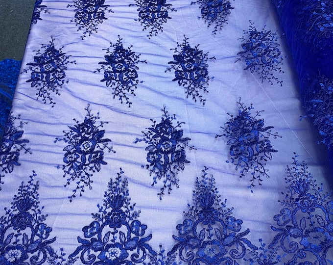 Hand Made Mesh Lace Embroidery Fabric By The Yard (Royal Blue) Flowers/Floral Lace Soft Mesh For Tablecloths,Runners,Skirts, Costumes, Decor