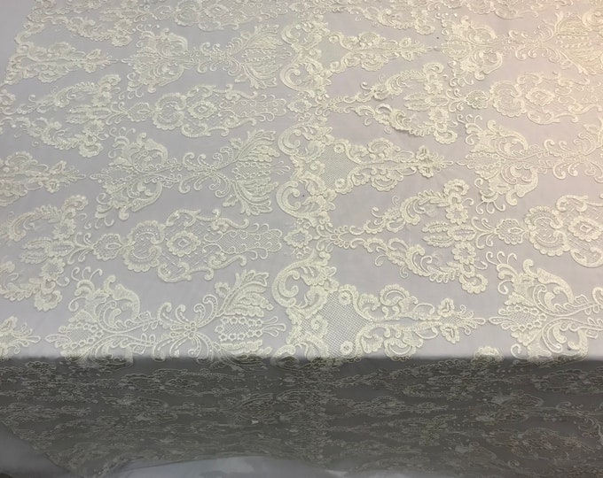 Ivory Design Embroidered Mesh Lace Fabric By the Yard For Wedding/Prom Dresses/ Decorations/ Tablecloths/ Runners /Skirts/ Night Gowns