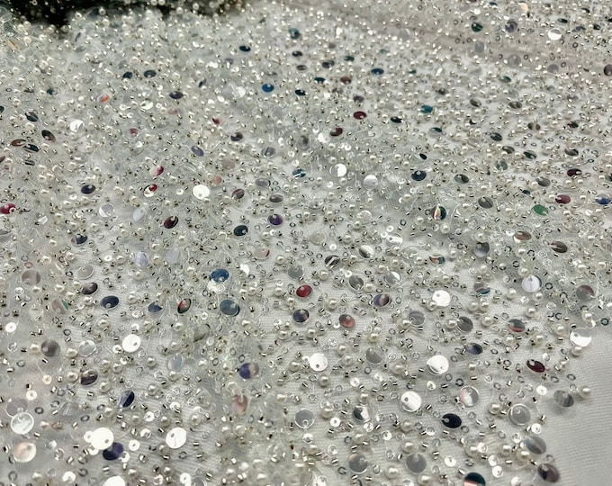 Classic Embroidery Beaded Fabric With Sequin Fabric By The Yard | Silver Sequin on Blue Mesh Fabric | Handmade Lace | All Over Beads on Mesh