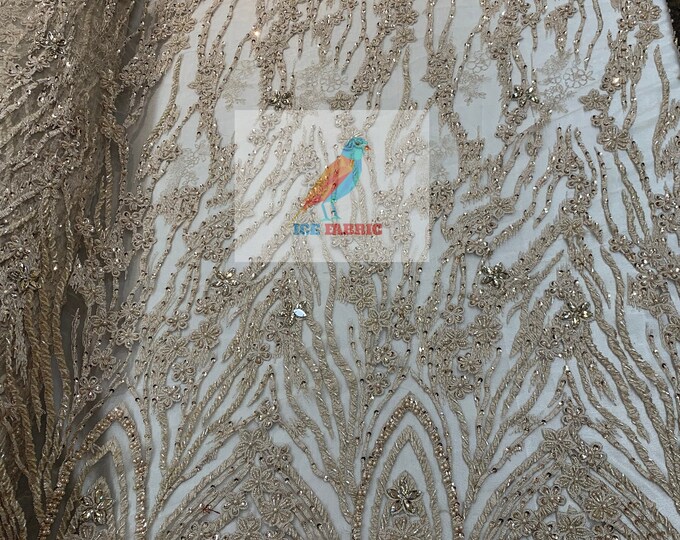 CHAMPAGNE_ MINI Flowers/Floral Beaded Fabric By The Yard//Embroidered Mesh Lace with Beads_ For Wedding Dresses, Prom Dress, Bridal Gowns