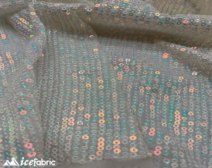 Elegant Iridescent White Mini Sequin Fabric By The Yard | 2 Way Stretch Mesh Fabric | Horizontal Stretch | Embroidery All Over Sequin
