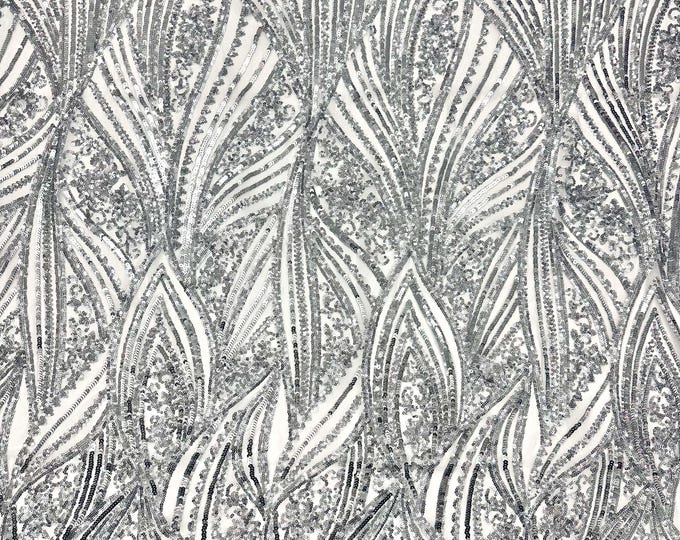 Silver on White Damask Stretch Sequin Fabric By The Yards (MT) Embroidery Sequin Mesh Fabric Prom Dress Fabric