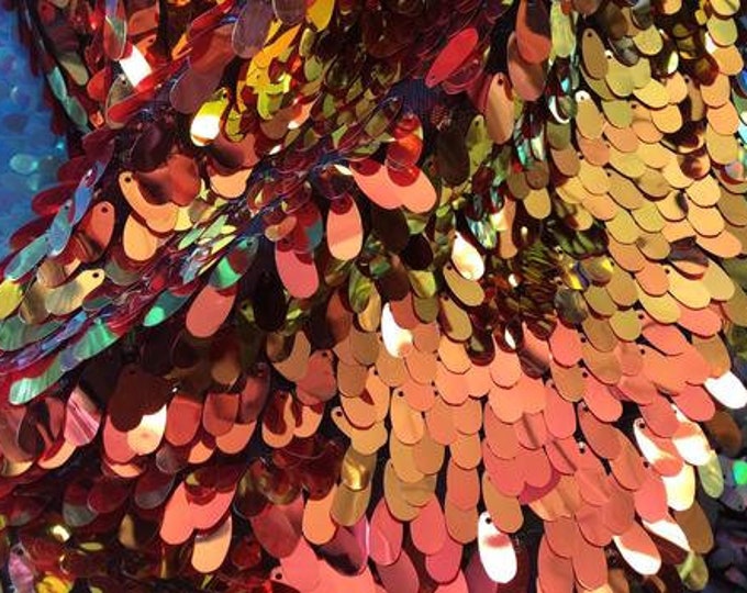Mermaid Shiny Iridescent Sequins Fabric By The Yard// ORANGE Iridescent Oval Tear Sequins Mesh Lace Fabric. Night gowns Dresses/ Fashion