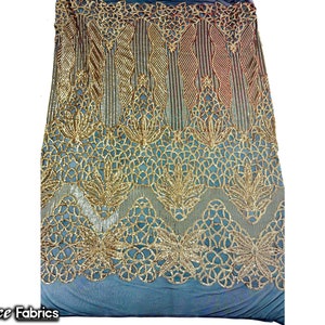 Gold on Black 4 Way Stretch Sequin fabric by the yard | Embroidery Lace Fabric On Mesh Spandex Sequin Fabric