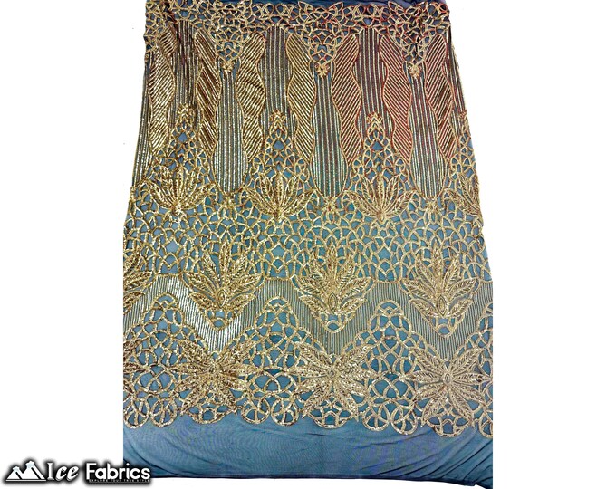 Gold on Black 4 Way Stretch Sequin fabric by the yard | Embroidery Lace Fabric On Mesh Spandex Sequin Fabric
