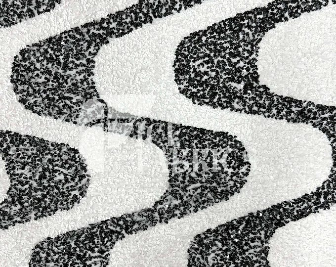 Wavy Sequin Stretch Velvet Fabric by The Yard - 60" Wide White Black on White Velvet for Apparel, Costume, Decor