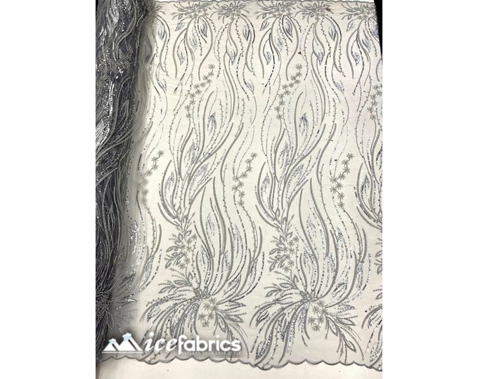 Rose Floral Beaded Fabric By The Yard | Silver Handmade Flower Embroidery Lace Fabric | Wedding Dress, Prom Dress