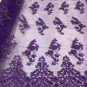 Bridal Wedding beaded mesh Lace (purple) lace fabric Sold by yard/ Floral Embroidered Beaded Sequins Lace/ Prom Dresses/ Top Fashion Veil