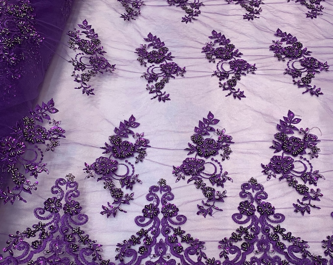 Bridal Wedding beaded mesh Lace (purple) lace fabric Sold by yard/ Floral Embroidered Beaded Sequins Lace/ Prom Dresses/ Top Fashion Veil