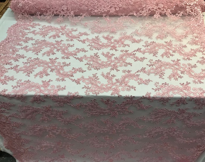 Pink Design Mesh Lace Fabric Sold By The Yard// Embroidered Lace Handmade Fabric// Floral Design Fabric/ Decorations/ Dresses/ Night Gowns