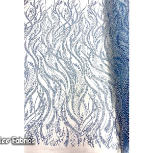 Baby Blue Beaded Lace Fabric By The Yard | Embroidered Mesh Sequin Fabric with Beaded Fabric | for wedding Dress, Prom Dress and more