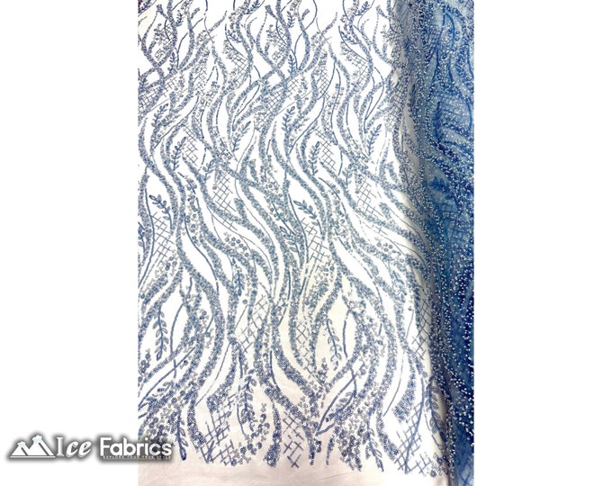 Baby Blue Beaded Lace Fabric By The Yard | Embroidered Mesh Sequin Fabric with Beaded Fabric | for wedding Dress, Prom Dress and more