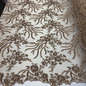 Beaded Mesh Lace Fabric By The Yard Embroidery Bridal Lace Handmade Floral Design With Big Luxury Flowers Sequins (Taupe/Brown