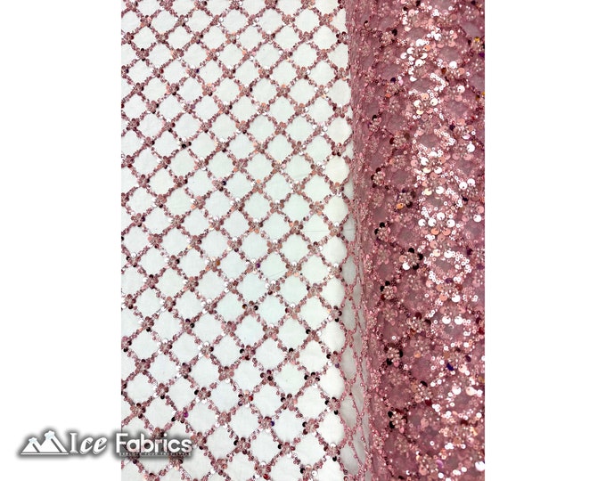Pink Geometric Embroidery Sequin Beaded Fabric  By The Yard | Handmade Embroidered Lace Sequin Fabric on Mesh Fabric