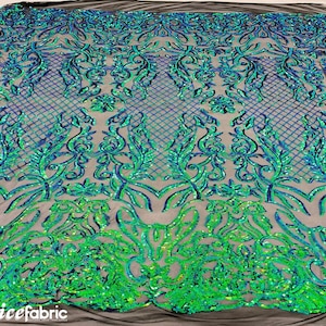 Mia Geometric Sequin Fabric By The Yard | 4 Way Stretch Fabric | Sequin Geometric Embroidery Fabric | Iridescent Green on Black Mesh image 1