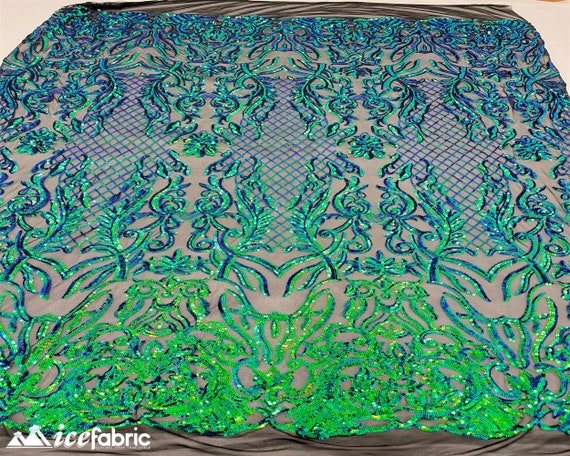Mia Geometric Sequin Fabric By The Yard | 4 Way Stretch Fabric | Sequin Geometric Embroidery Fabric | Iridescent Green on Black Mesh