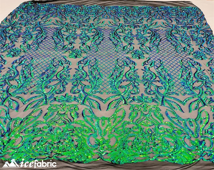 Mia Geometric Sequin Fabric By The Yard | 4 Way Stretch Fabric | Sequin Geometric Embroidery Fabric | Iridescent Green on Black Mesh