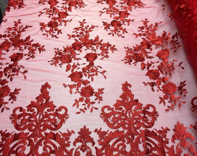 Red Decor Floral Flower Mesh Lace Embroidery Design Fabric By The Yard For Tablecloths, Wedding Prom Dresses, Night gowns, Skirts, Runners