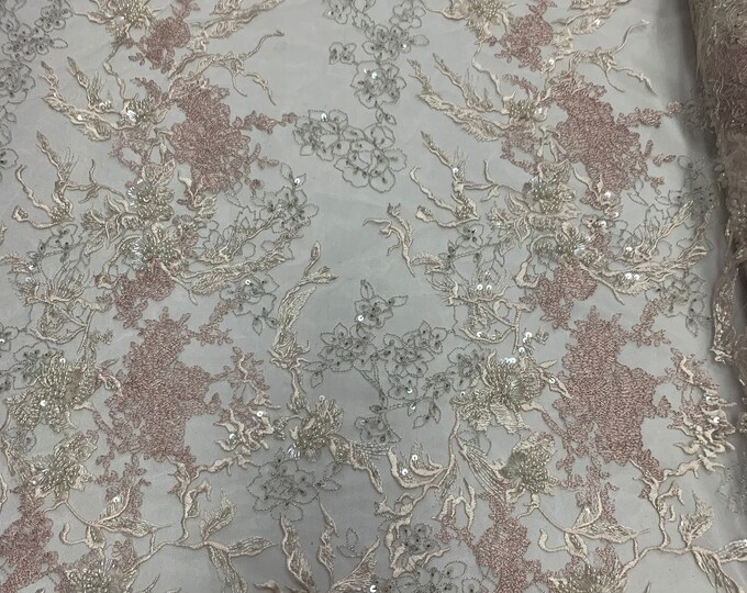 Dark Ivory Multi_Color Embroidered Beaded Fabric By The Yard_ 3D Crystal Flowers Floral Fabric _ Sequin Lace Fabric_ Mesh Sequin Fabric