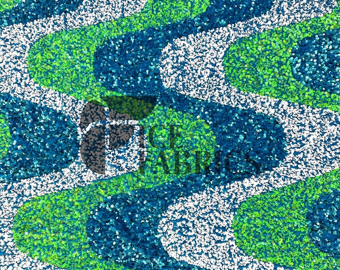 Wavy Sequin Stretch Velvet Fabric by The Yard - 60" Wide Lime White on Turquoise Velvet for Apparel, Costume, Decor