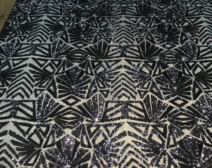 Luxury Geometric 4 Way Stretch Sequins (Shiny Navy Blue) On A Mesh Lace Embroidered Fabric By The Yard For Dress, Tablecloths, Decoration