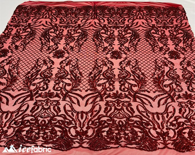 Mia Geometric Sequin Fabric By The Yard | 4 Way Stretch Fabric | Sequin Geometric Embroidery Fabric | Burgundy