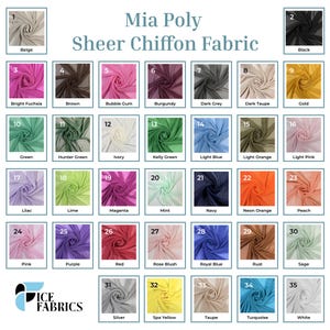 Pode incluir: Um gráfico de cores do tecido de chiffon transparente Mia Poly, com 35 cores diferentes. As cores variam de bege a branco, incluindo tons de rosa, azul, verde e mais. As amostras de tecido são rotuladas com nomes de cores.