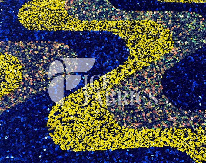 Wavy Sequin Stretch Velvet Fabric by The Yard - 60" Wide Yellow and Royal on Blue Velvet for Apparel, Costume, Decor