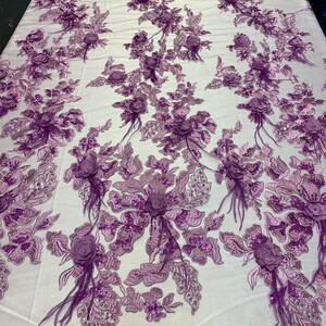 3D Luxury Feather Design Flowers/Floral Mesh Lace With Sequins Embroidery By The Yard For Costume/Decorations/Tablecloths/Runners (Lavender)