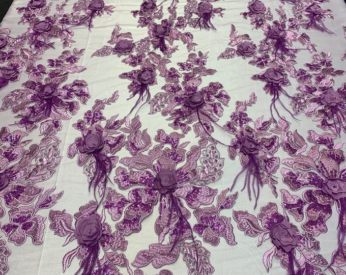3D Luxury Feather Design Flowers/Floral Mesh Lace With Sequins Embroidery By The Yard For Costume/Decorations/Tablecloths/Runners (Lavender)