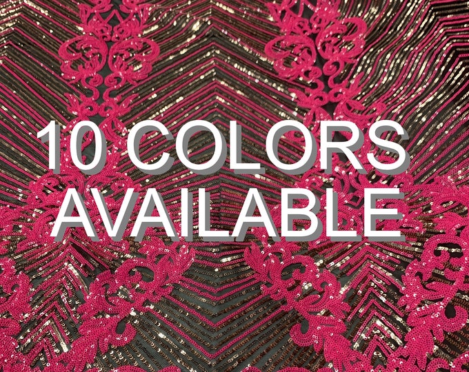 Geometric_ STRETCH SEQUINS 4 WAY Spandex Mesh embroidered Lace Fabric Sold By The Yard/ Wedding Dress, Prom Dress, Skirts, Dance Costume.