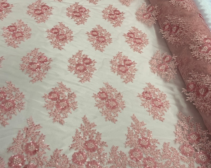 Dusty Rose_ Floral Lace Fabric By Yard_ Embroidered Corded Metallic Flowers Mesh Lace Fabric With Sequins_ Dresses,Gowns,Tablecloths,Costume