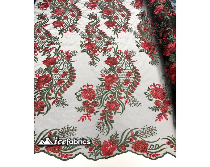 Luca Floral Lace Fabric By The Yard Dusty Red / Hunter Green Embroidery Flowers Sequin Fabric On Mesh. Wedding Dress, Decoration