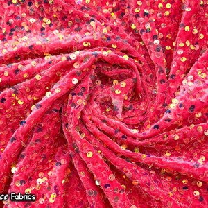 Emma 2 Way Stretch Velvet Sequin Fabric By The Yard | Embroidery Sequin On Spandex Velvet | Iridescent Strawberry Pink | 60” Wide