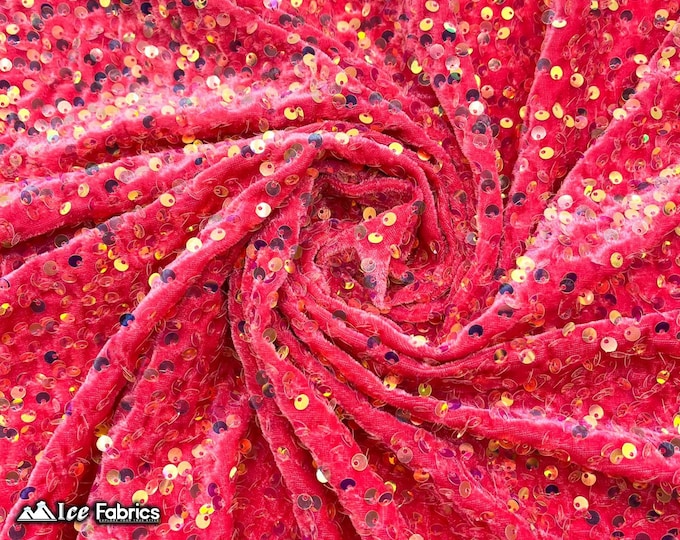 Emma 2 Way Stretch Velvet Sequin Fabric By The Yard | Embroidery Sequin On Spandex Velvet | Iridescent Strawberry Pink | 60” Wide