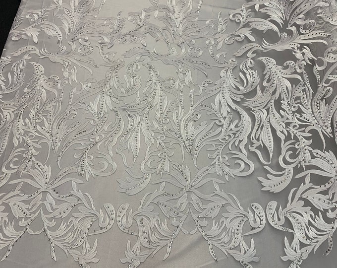 ONE Yard Mesh Lace Embroidered Fabric Leafs Design With Stones (White Color) High Quality Lace For Wedding/Prom/ Night Gowns Dress/ Fashion.