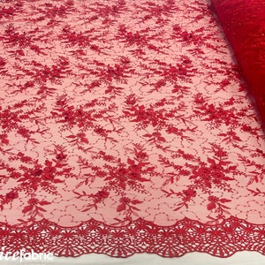 Fashion 3D Flowers Floral Lace Fabric By The Yard | Red Embroidery Beaded Fabric with Sequin on Mesh