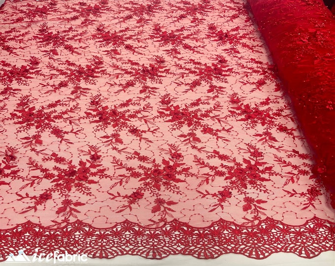 Fashion 3D Flowers Floral Lace Fabric By The Yard | Red Embroidery Beaded Fabric with Sequin on Mesh
