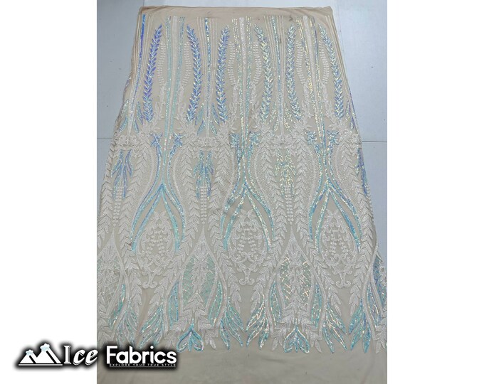 Lucy Damask Sequin Fabric By The Yard | Iridescent Baby Blue on Nude Mesh on 4 Way Stretch Mesh Fabric