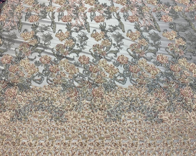 ITALIAN Design/ Floral Beaded Lace/Flower Mesh Lace Embroidery Fabric (By The Yard) Hand Beaded (Peach,Gold,Sage,Cream) Wedding Prom Dress