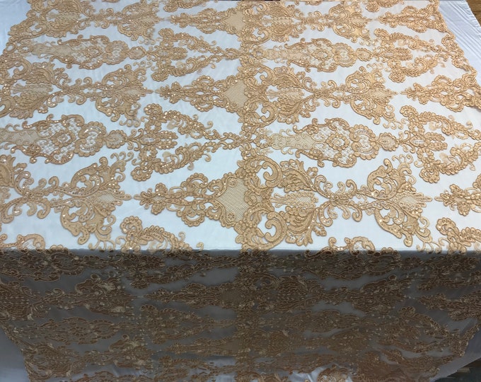 Gold Design Embroidered Mesh Lace Fabric By the Yard For Wedding/Prom Dresses/ Decorations/ Tablecloths/ Runners /Skirts/ Night Gowns