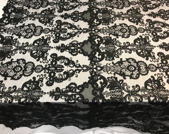 Black Design Embroidered Mesh Lace Fabric By the Yard For Wedding/Prom Dresses/ Decorations/ Tablecloths/ Runners /Skirts/ Night Gowns