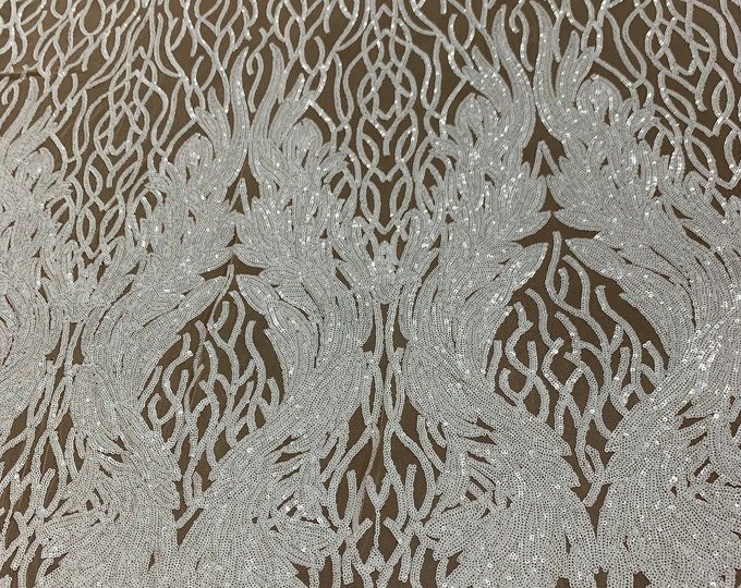 Stretch Sequins Floral Damask (White On Nude Mesh) Embroider 4 Way Stretch Spandex Mesh Lace Fabric By The Yard_ Wedding Prom Dress.