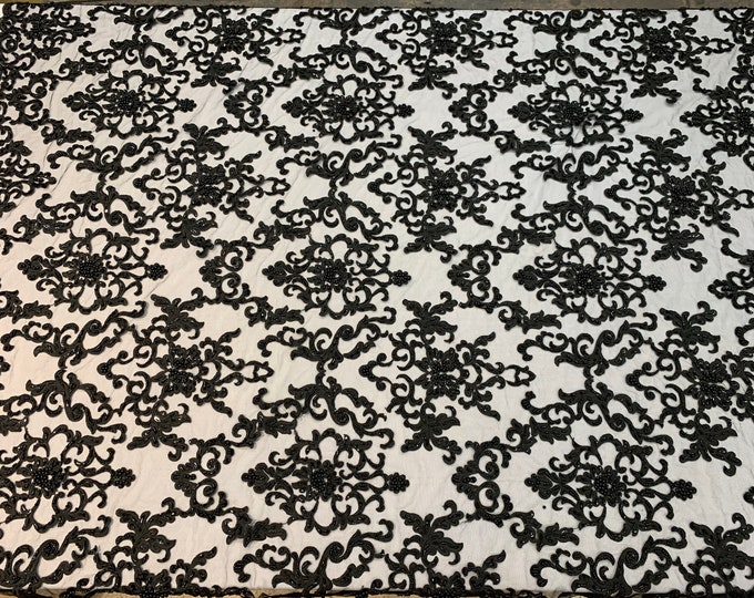 Deluxe Lace_ Black Embroidered Lace By Yard_ Beaded Mesh Lace Fabric_Handmade Heavy Lace Glass Beads_ Bridal Fabric, Wedding Gowns, Costumes