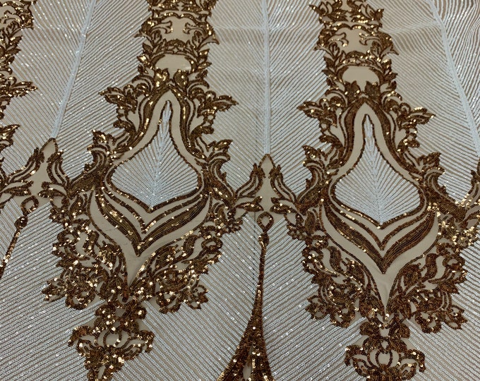 White Spandex Fabric- 4 Way Stretch Sequin Fabric By The Yard- Embroidered Fabric- Lace Sequin FABRIC On Nude Mesh Fabric